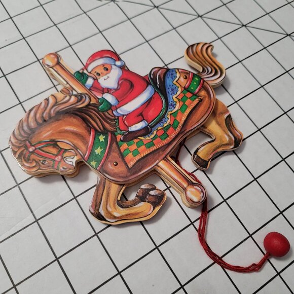 Vintage Carousel Horse with Santa, Germany, Wooden‎ Pull String Jumping Toy #3 - Picture 3 of 5